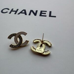 CHANEL Gold and White CC Logo Earrings with Crystals